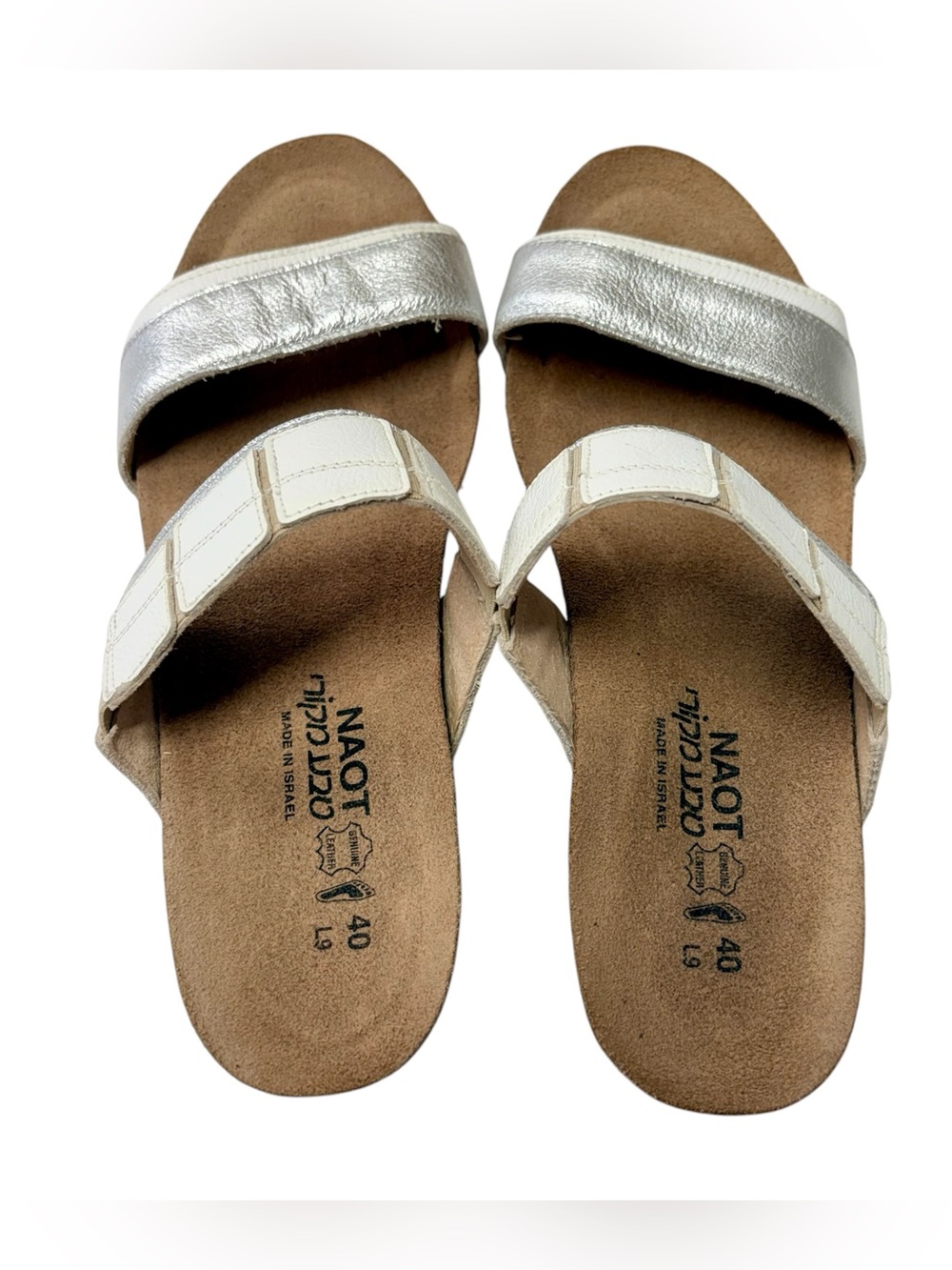 NAOT Royalty Leather Wedge Slide Sandals White Silver Women’s Size 40 9-9.5 US